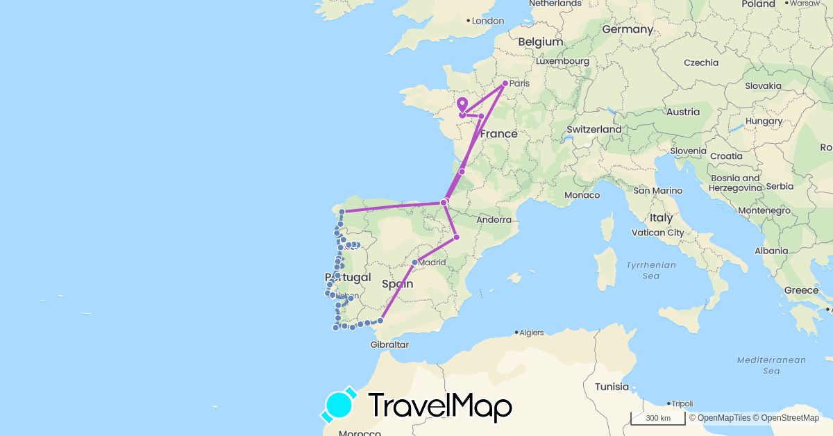TravelMap itinerary: driving, cycling, train in Spain, France (Europe)
