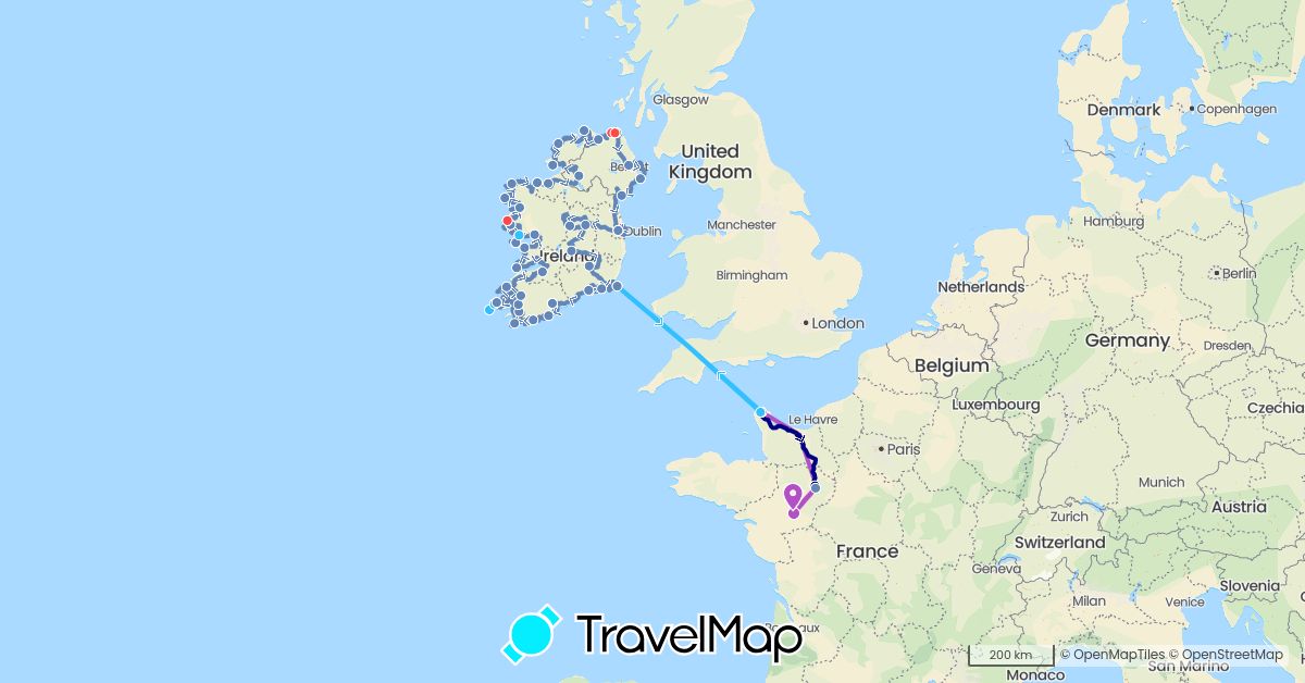 TravelMap itinerary: driving, bus, cycling, train, hiking, boat in France, United Kingdom, Ireland (Europe)