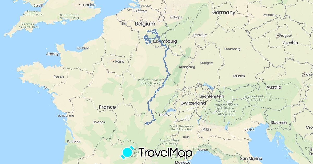 TravelMap itinerary: driving, cycling in France, Luxembourg (Europe)
